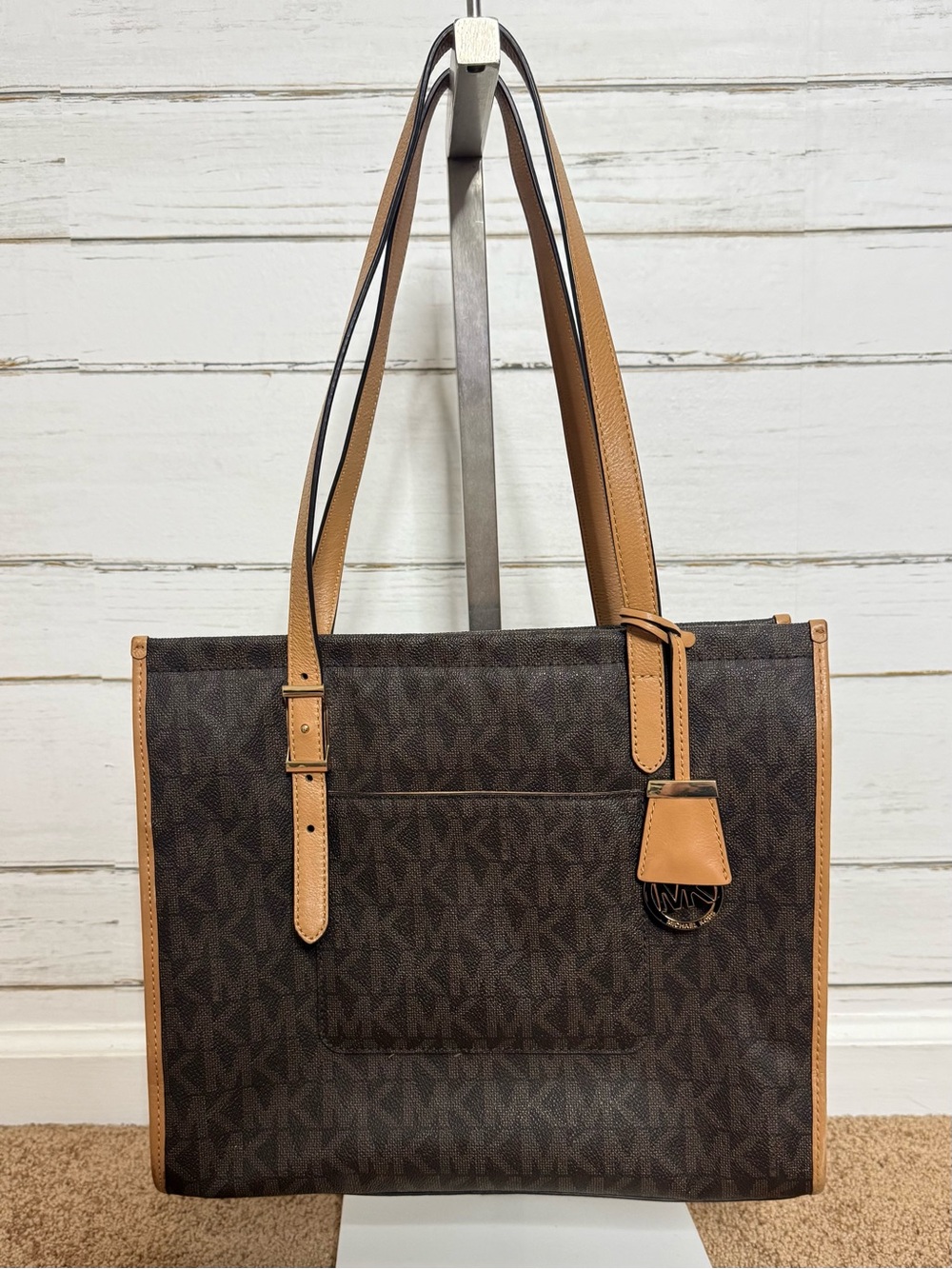 Michael Kors Gilly Signature PVC Leather Tote Brown Acorn Large Shoulder Bag